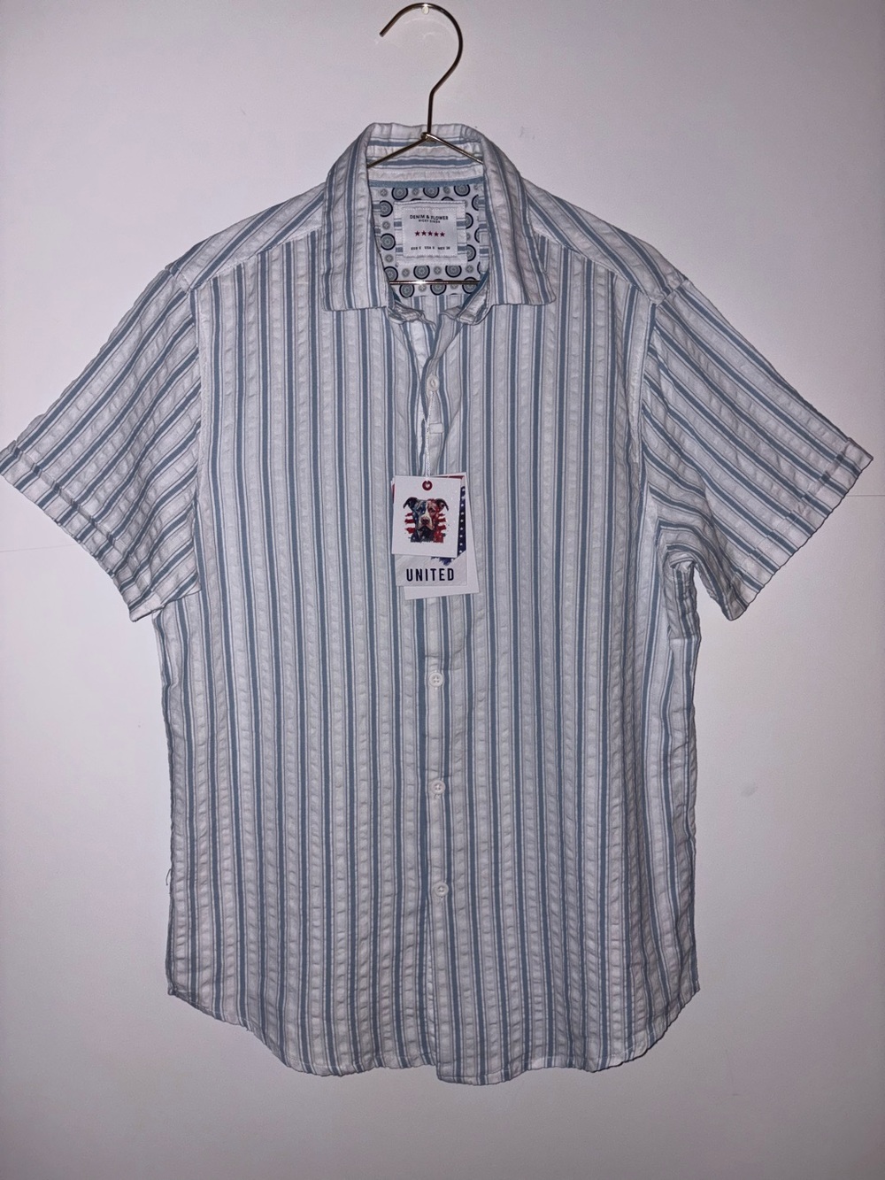 (New) Denim & Flower Light Blue & White Striped Short Sleeve Button-Up Shirt
